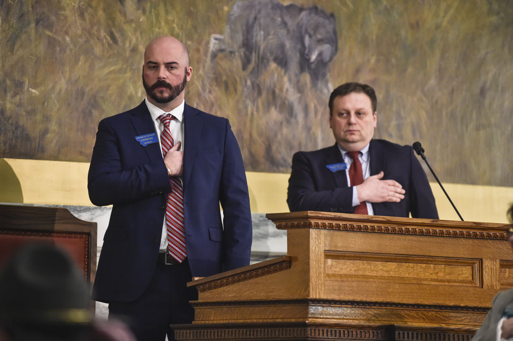 Speaker of the House Wylie Galt, R-Martinsdale, left, and Senate President Mark Blasdel, R-Kalispell,